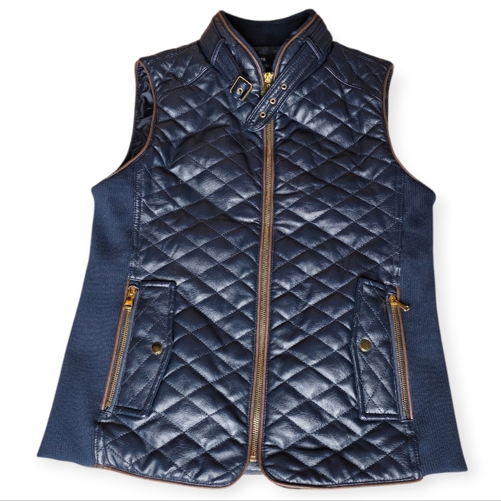 FATE Navy Quilted Vest Faux Leather Zip Front Stretch Panels Small
